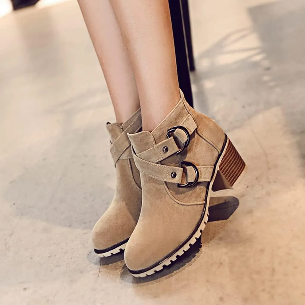 Women's Round Toe Buckle Dressy Ankle Boots Back Zipper Stacked Mid Heel Dress Office Short Booties