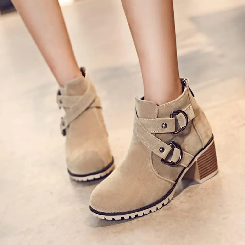 Women's Round Toe Buckle Dressy Ankle Boots Back Zipper Stacked Mid Heel Dress Office Short Booties