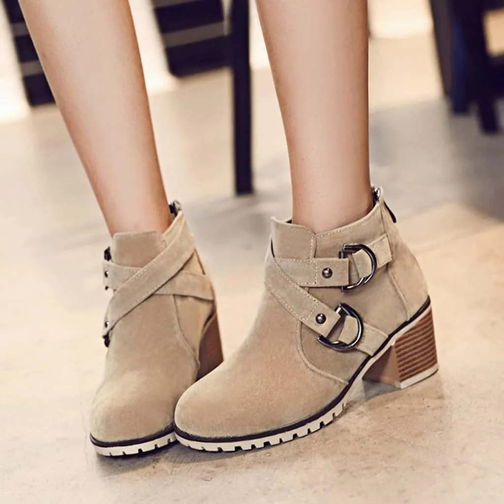 Women's Round Toe Buckle Dressy Ankle Boots Back Zipper Stacked Mid Heel Dress Office Short Booties