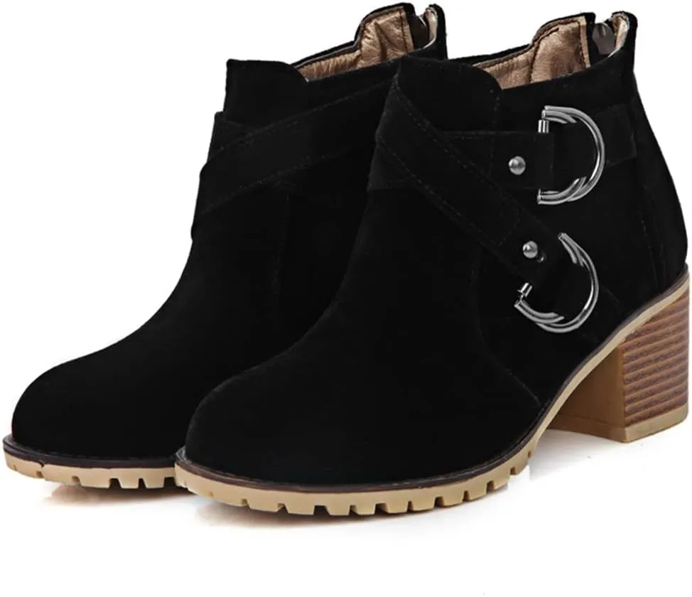 Women's Round Toe Buckle Dressy Ankle Boots Back Zipper Stacked Mid Heel Dress Office Short Booties