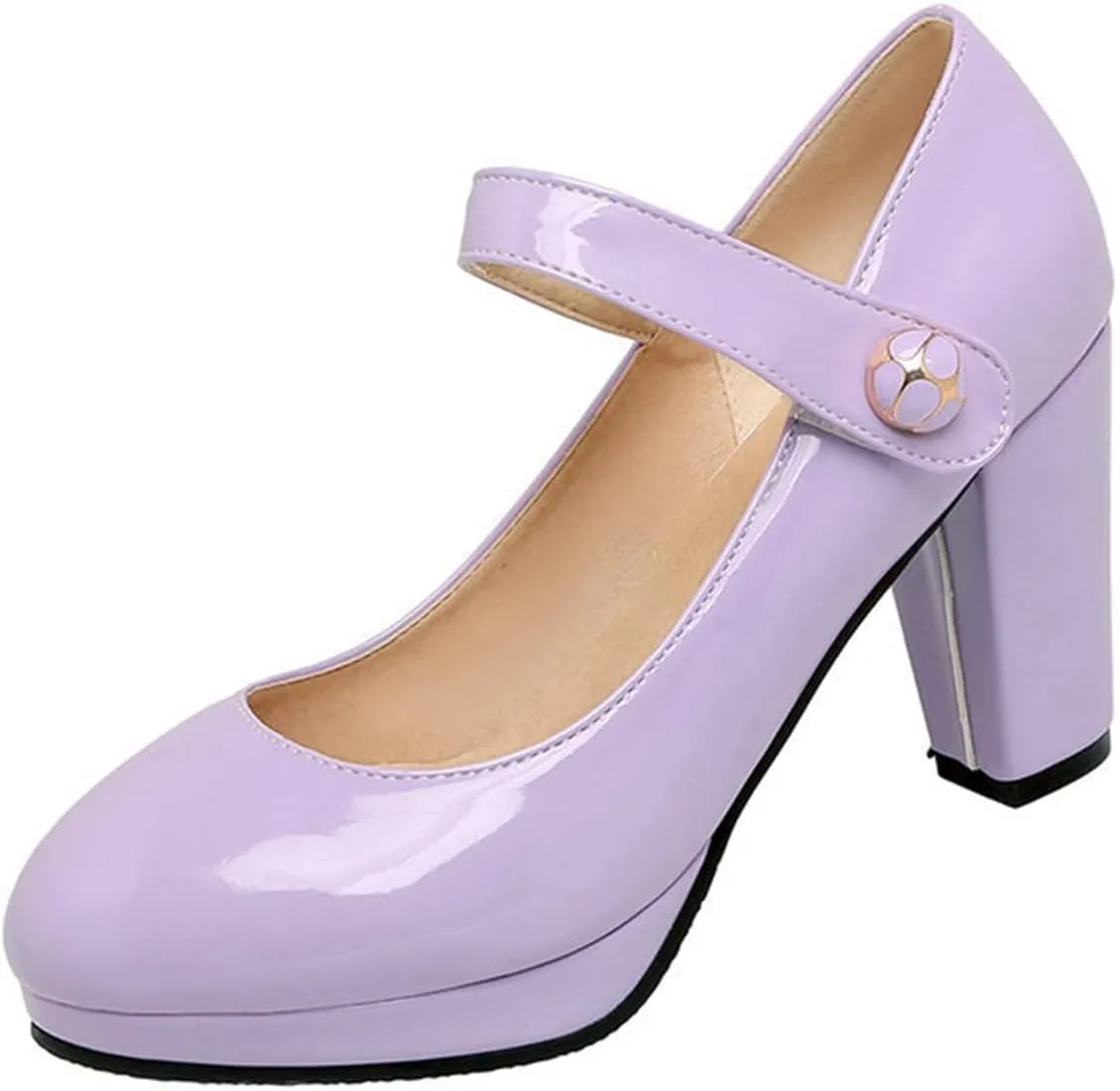 Women's Round Toe Mary Jane Shoes Ankle Strap Chunky High Heels PU Leather Comfort Platform Dress Pumps