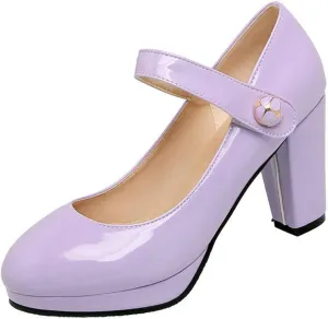 Women's Round Toe Mary Jane Shoes Ankle Strap Chunky High Heels PU Leather Comfort Platform Dress Pumps
