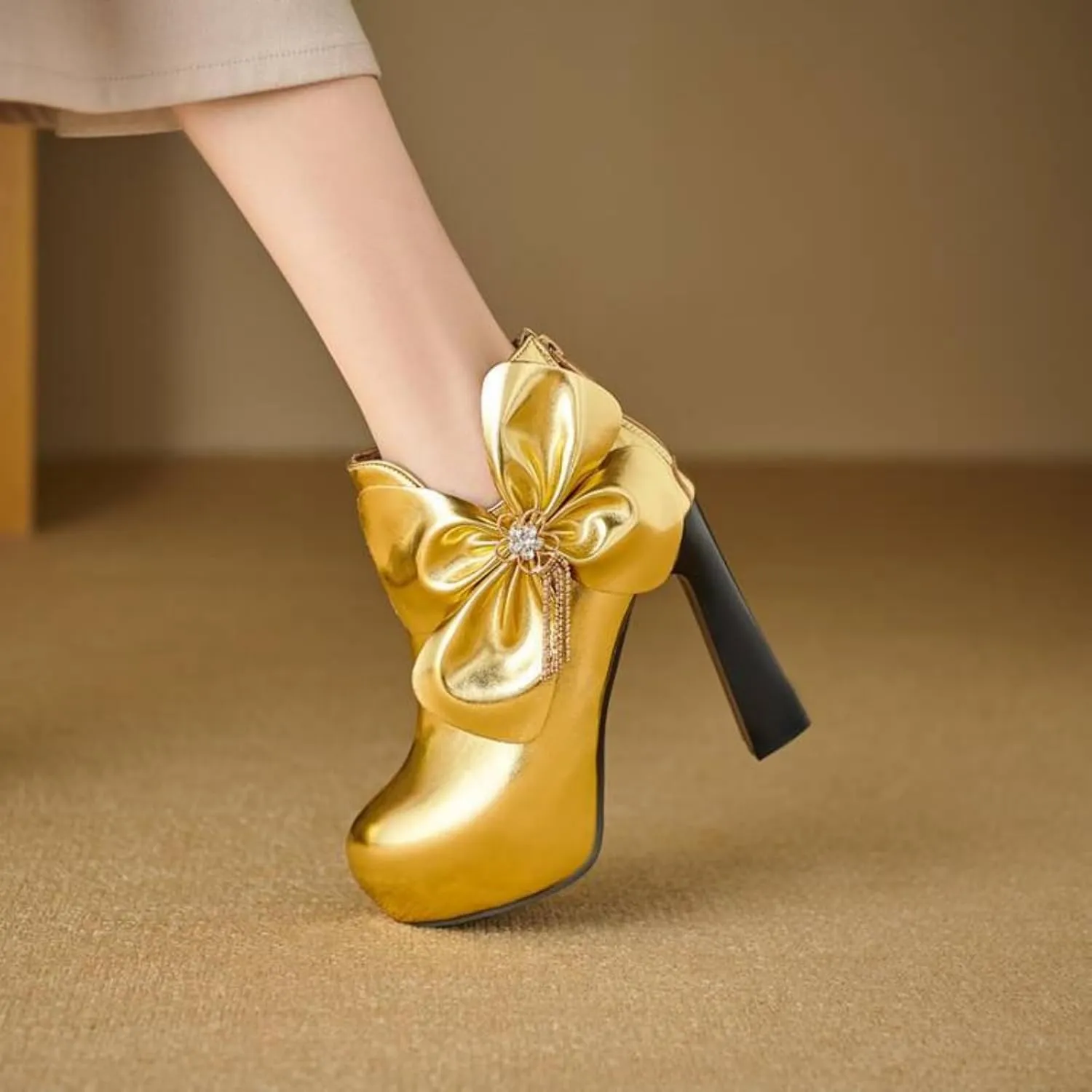 Women's Round Toe Platform Chunky High Heel Ankle Boots Sexy Rhinestone Bow V Shape Back Zipper Slip on Short Booties Fashion Casual Party Dress Pumps Shoes