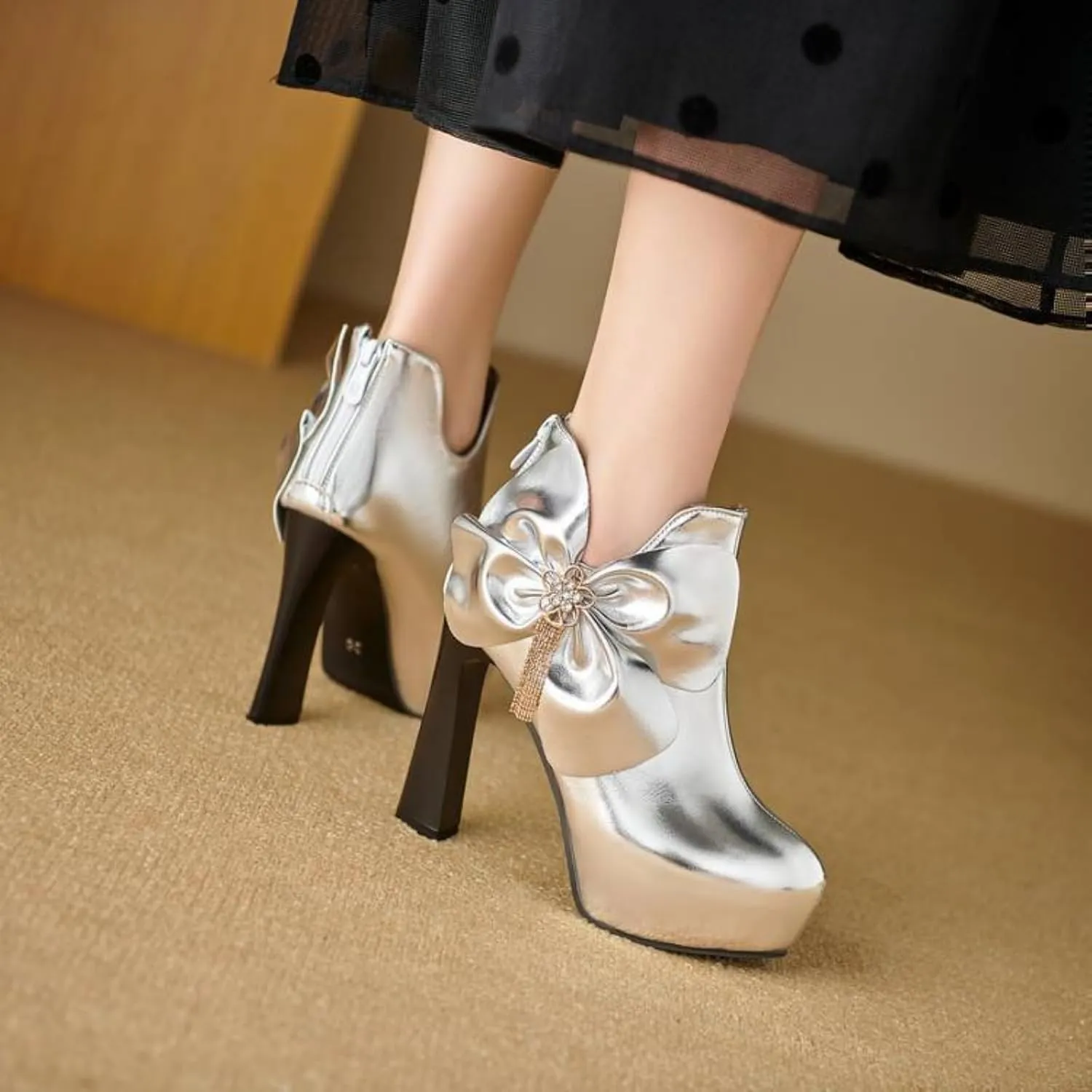 Women's Round Toe Platform Chunky High Heel Ankle Boots Sexy Rhinestone Bow V Shape Back Zipper Slip on Short Booties Fashion Casual Party Dress Pumps Shoes