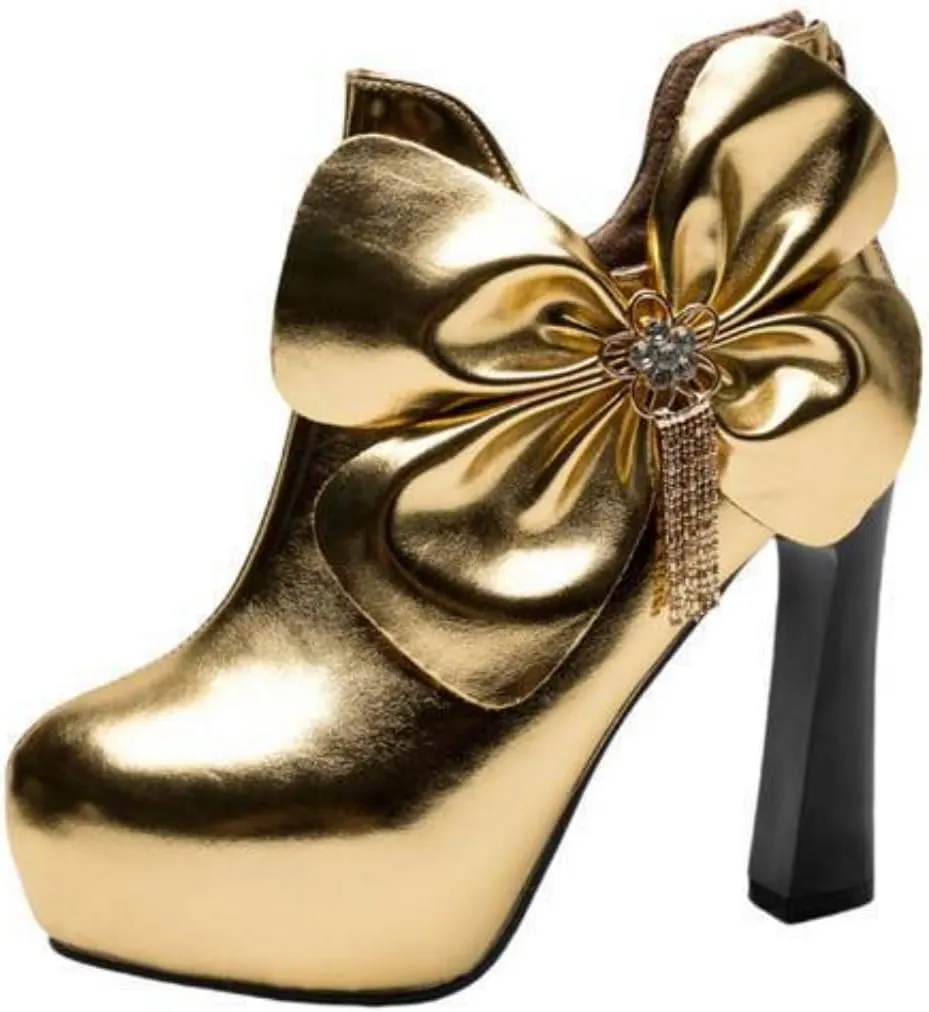Women's Round Toe Platform Chunky High Heel Ankle Boots Sexy Rhinestone Bow V Shape Back Zipper Slip on Short Booties Fashion Casual Party Dress Pumps Shoes