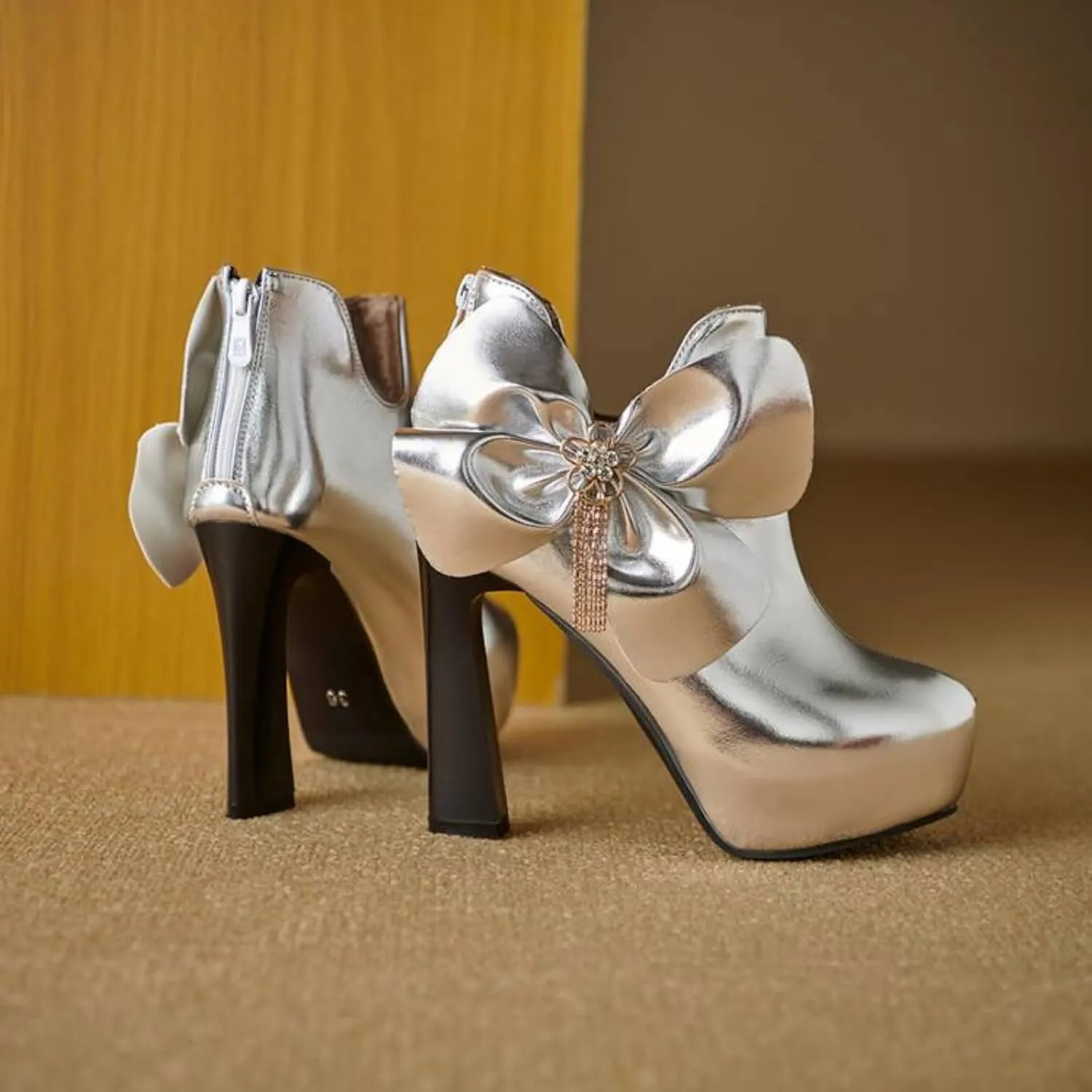 Women's Round Toe Platform Chunky High Heel Ankle Boots Sexy Rhinestone Bow V Shape Back Zipper Slip on Short Booties Fashion Casual Party Dress Pumps Shoes