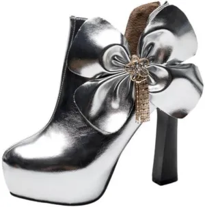 Women's Round Toe Platform Chunky High Heel Ankle Boots Sexy Rhinestone Bow V Shape Back Zipper Slip on Short Booties Fashion Casual Party Dress Pumps Shoes
