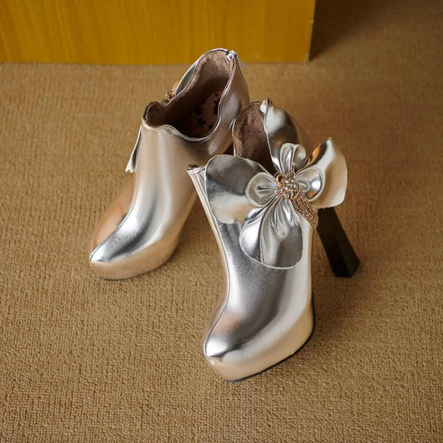 Women's Round Toe Platform Chunky High Heel Ankle Boots Sexy Rhinestone Bow V Shape Back Zipper Slip on Short Booties Fashion Casual Party Dress Pumps Shoes