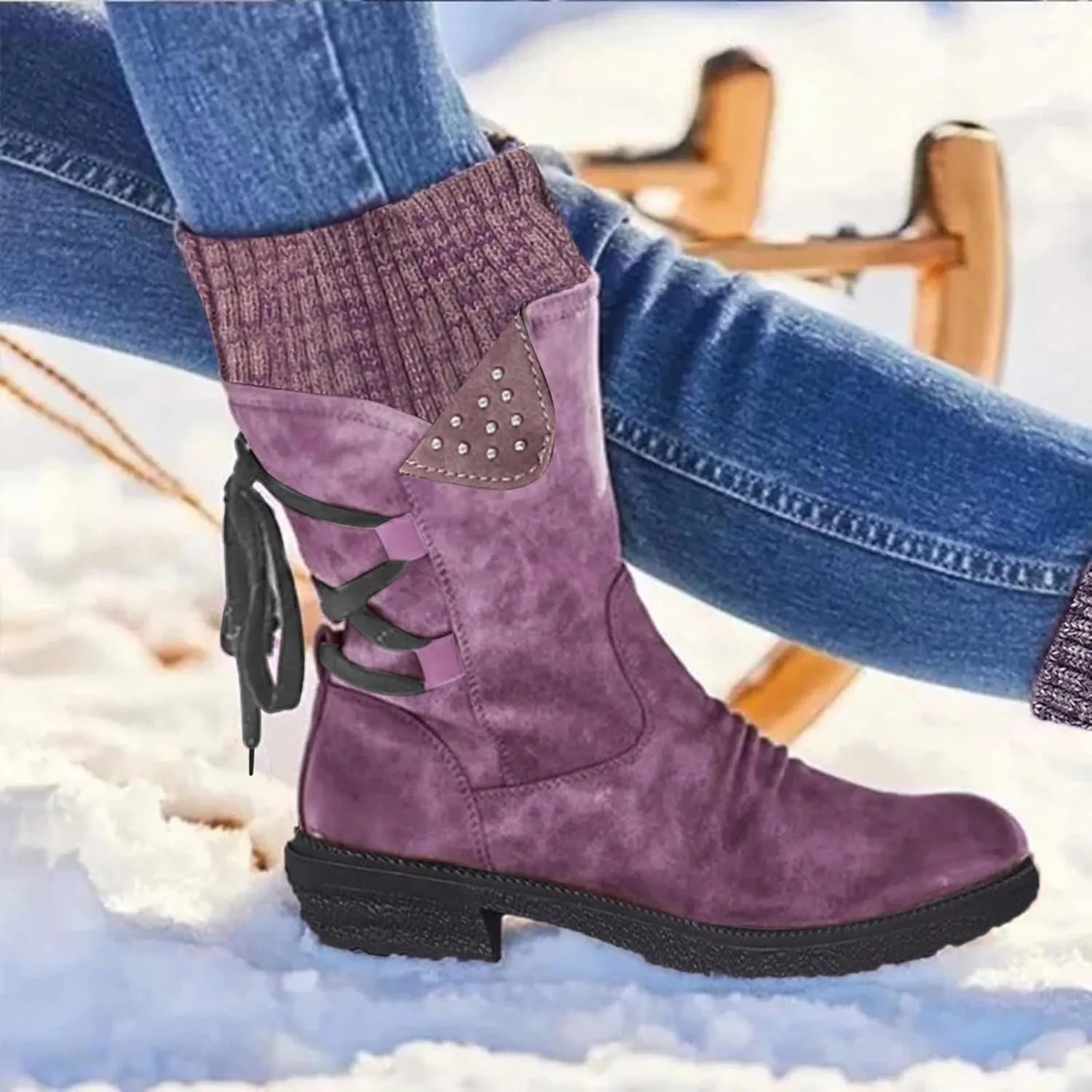 Women's Snow Boots Low Heel Mid Calf Winter Boots Side Zip Western Platform Hiking Booties Warm Non Slip Outdoor Shoes Winter