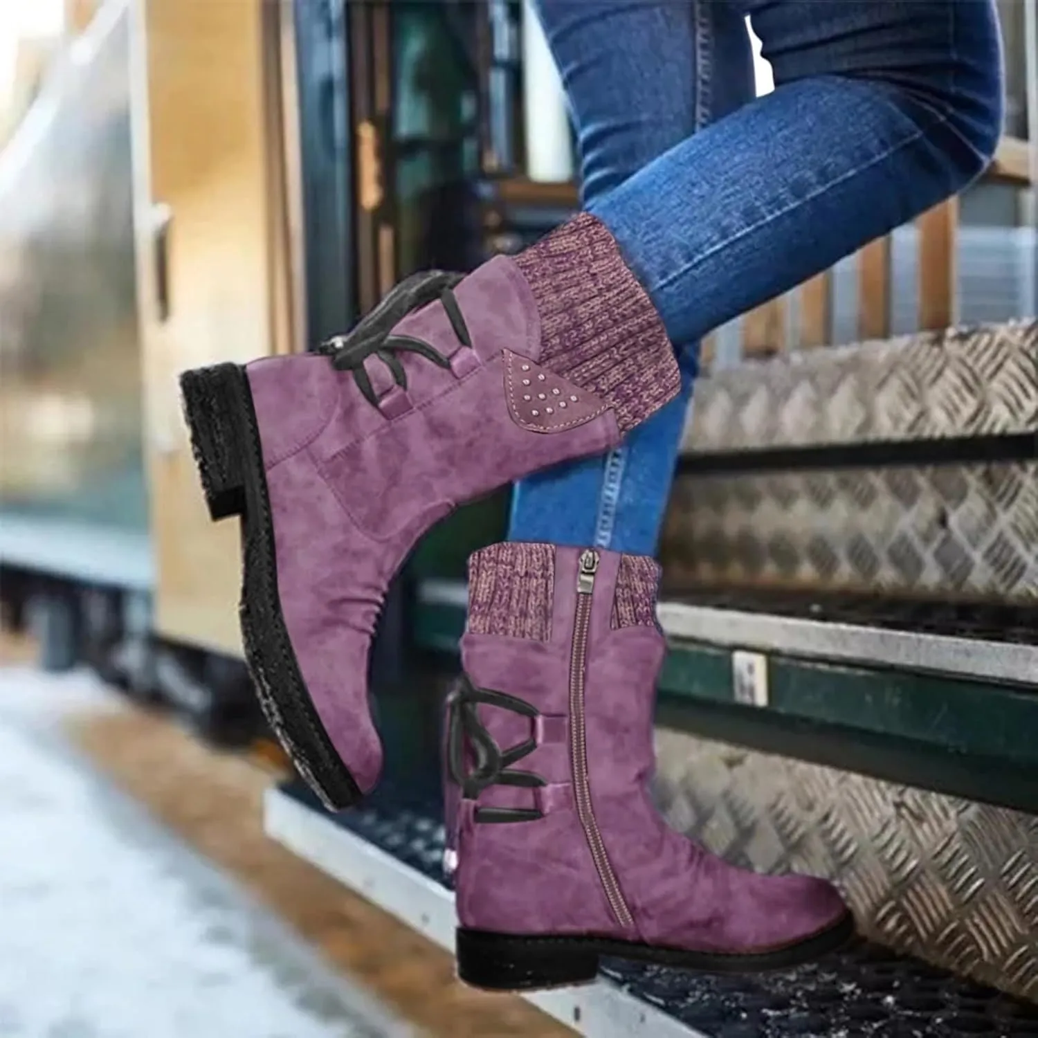 Women's Snow Boots Low Heel Mid Calf Winter Boots Side Zip Western Platform Hiking Booties Warm Non Slip Outdoor Shoes Winter