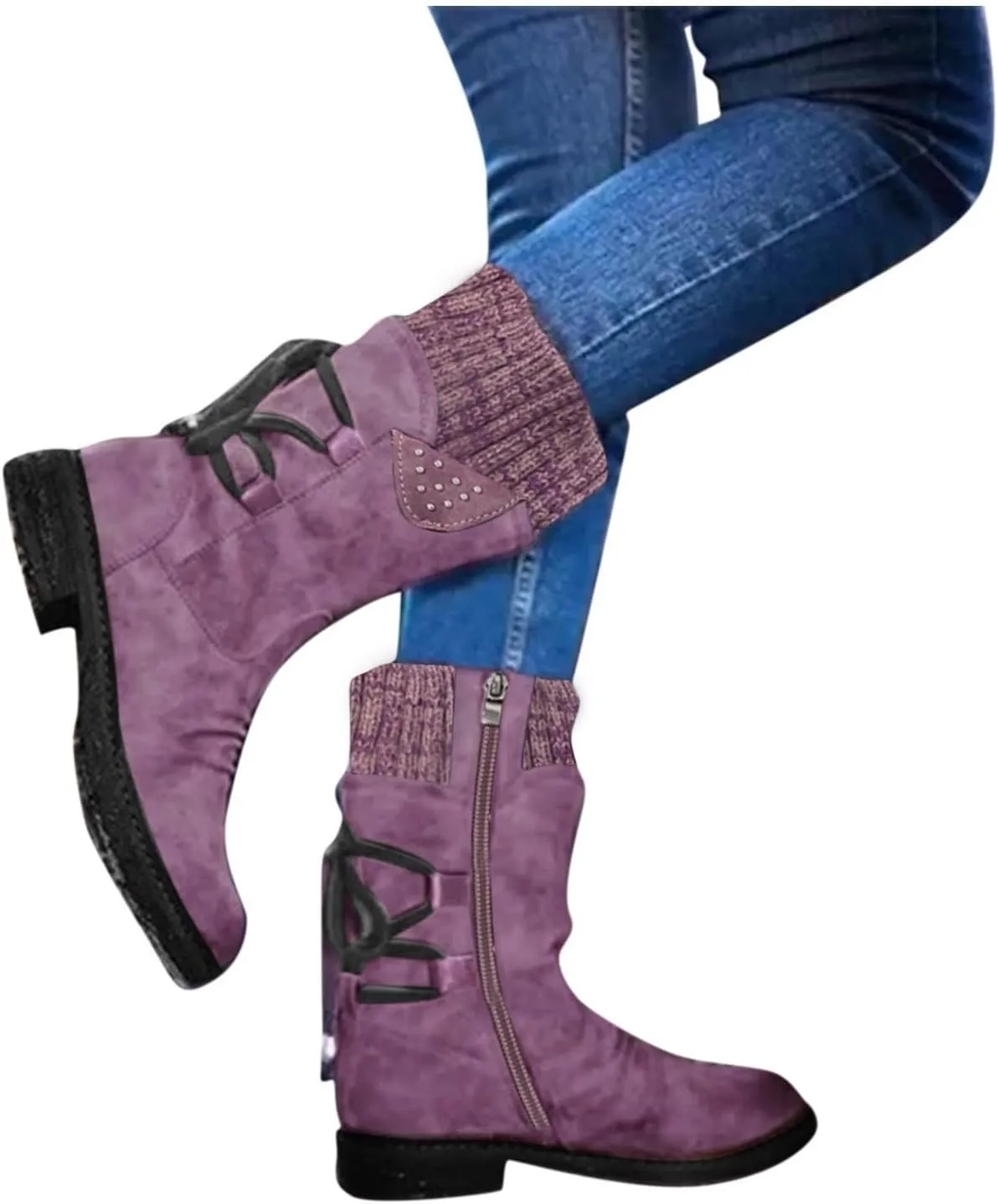 Women's Snow Boots Low Heel Mid Calf Winter Boots Side Zip Western Platform Hiking Booties Warm Non Slip Outdoor Shoes Winter
