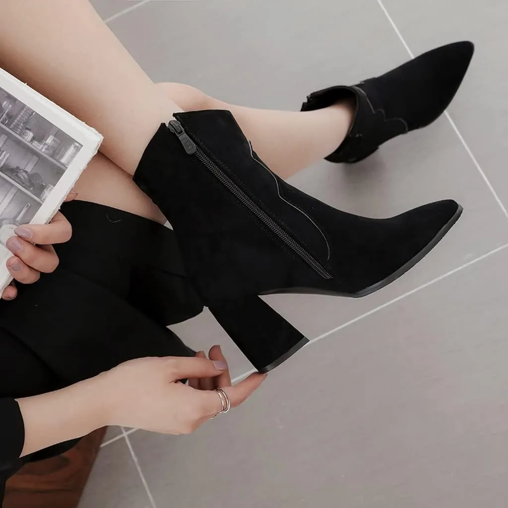 Women's Sparkle Rhinestone Dress Ankle Boots Round Toe Zipper Chunky Mid Heeled Winter Short Booties