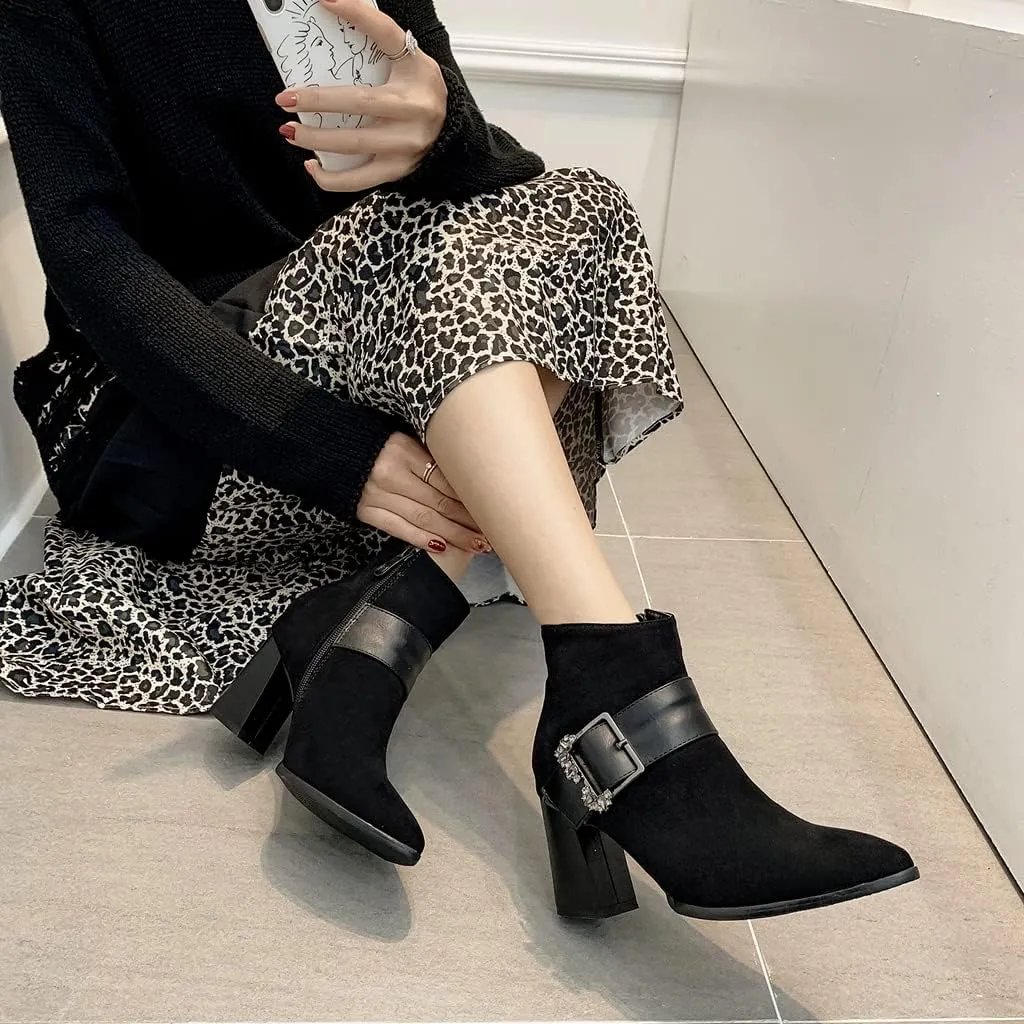 Women's Sparkle Rhinestone Dress Ankle Boots Round Toe Zipper Chunky Mid Heeled Winter Short Booties