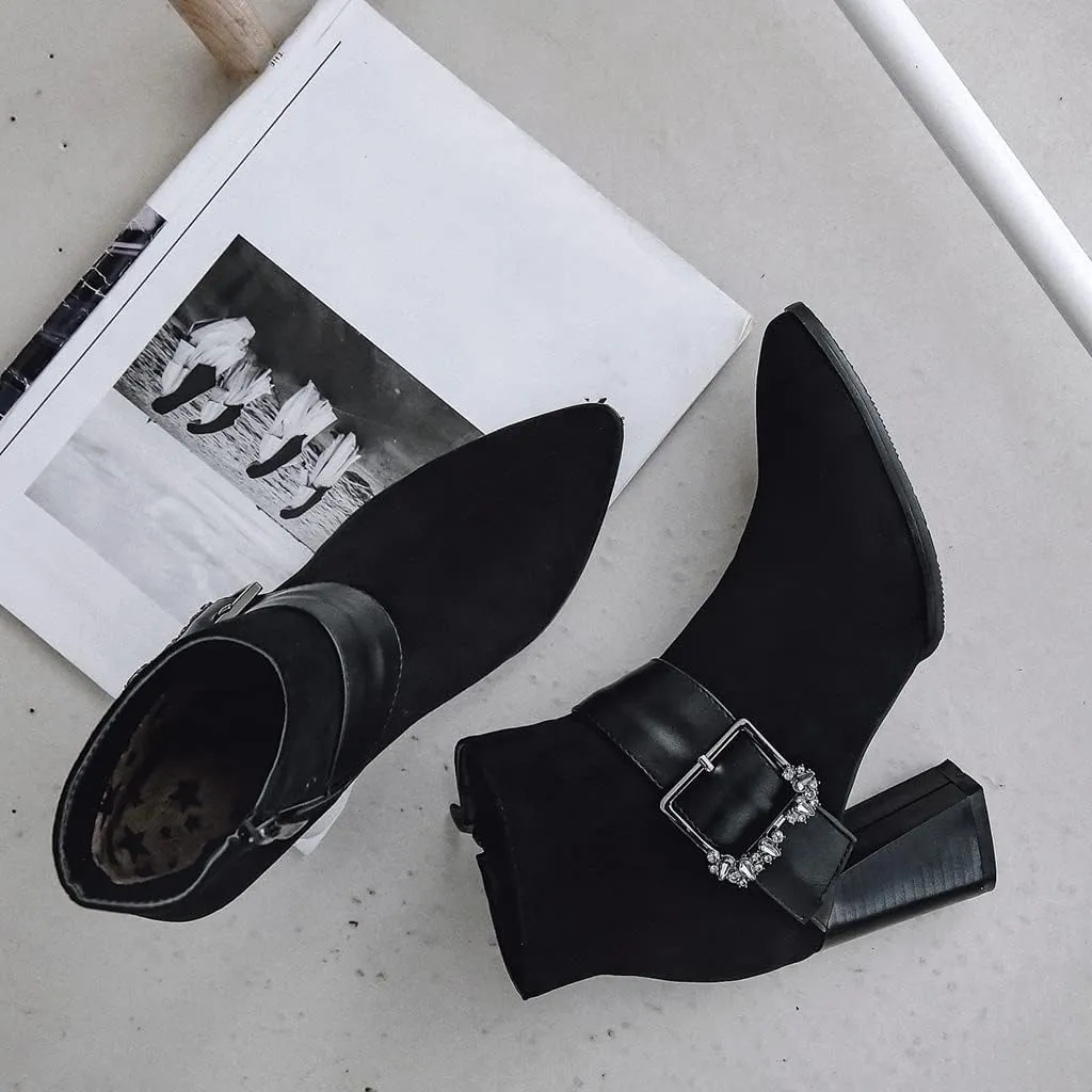 Women's Sparkle Rhinestone Dress Ankle Boots Round Toe Zipper Chunky Mid Heeled Winter Short Booties