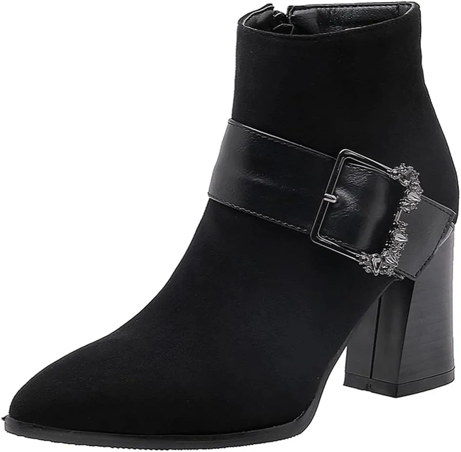 Women's Sparkle Rhinestone Dress Ankle Boots Round Toe Zipper Chunky Mid Heeled Winter Short Booties