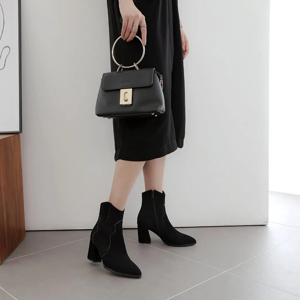 Women's Sparkle Rhinestone Dress Ankle Boots Round Toe Zipper Chunky Mid Heeled Winter Short Booties