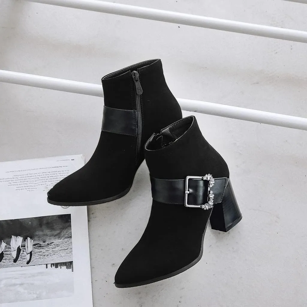 Women's Sparkle Rhinestone Dress Ankle Boots Round Toe Zipper Chunky Mid Heeled Winter Short Booties