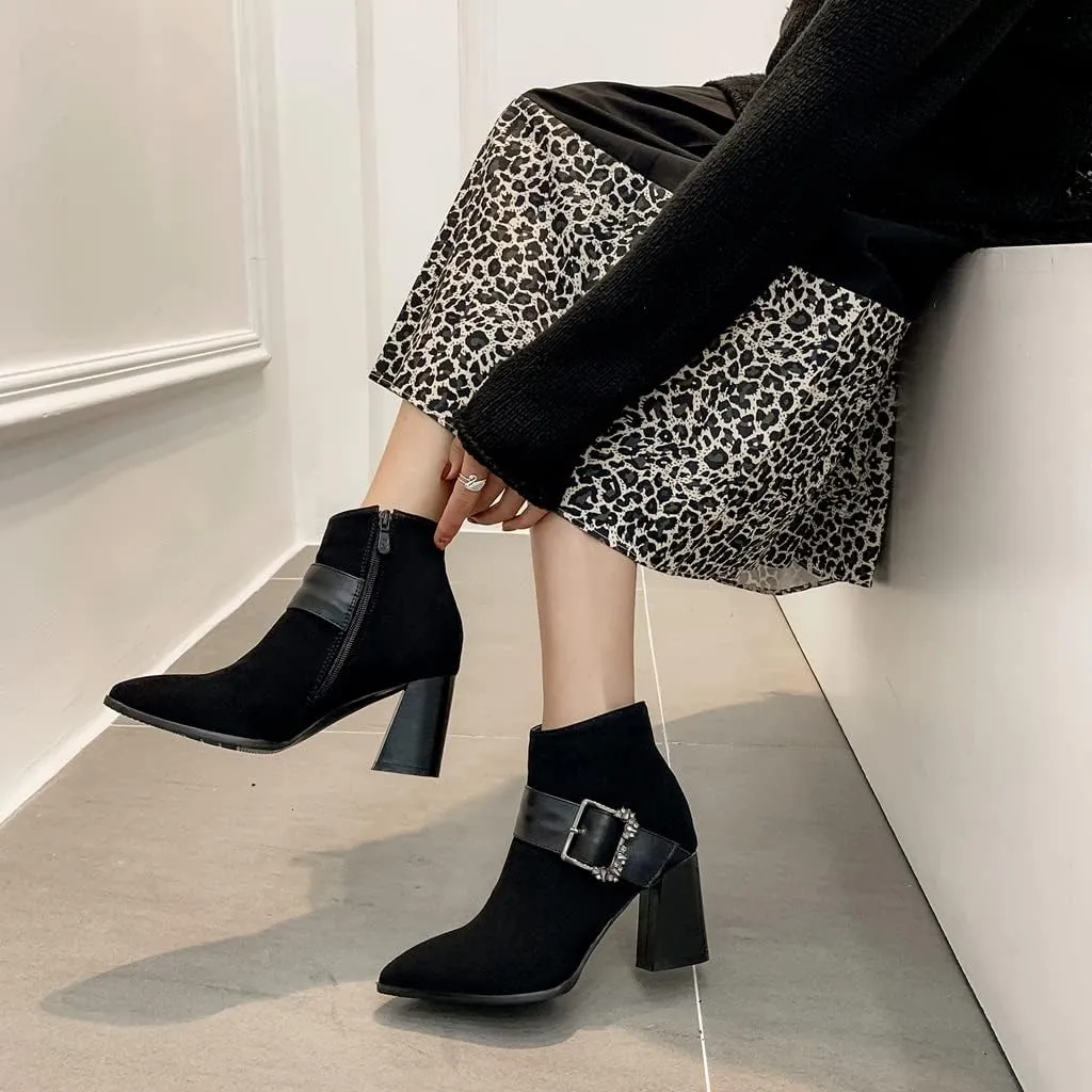 Women's Sparkle Rhinestone Dress Ankle Boots Round Toe Zipper Chunky Mid Heeled Winter Short Booties