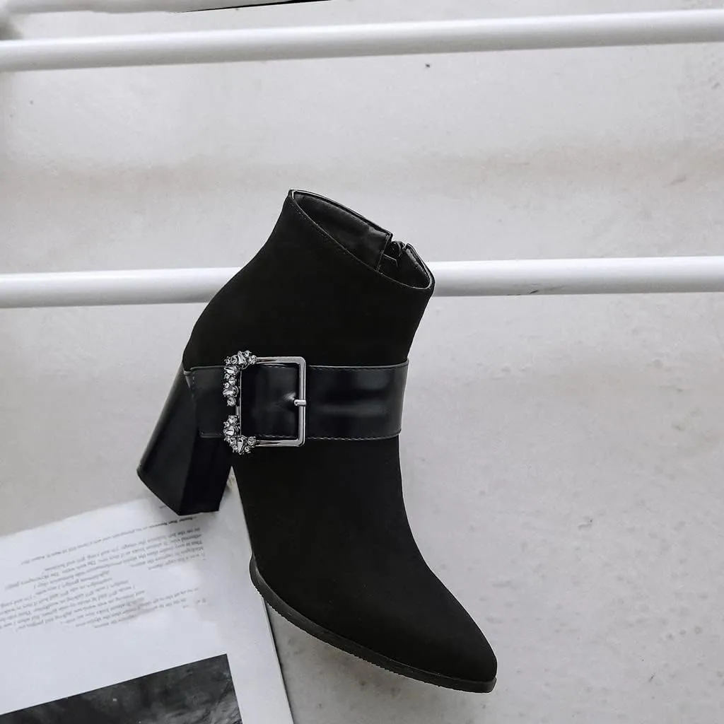 Women's Sparkle Rhinestone Dress Ankle Boots Round Toe Zipper Chunky Mid Heeled Winter Short Booties