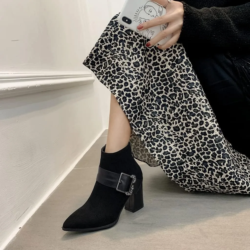 Women's Sparkle Rhinestone Dress Ankle Boots Round Toe Zipper Chunky Mid Heeled Winter Short Booties