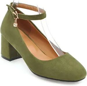 Women's Square Toe Chunky Mid Block Heel Pumps Suede Ankle Strap Comfortable Office Dress Shoes