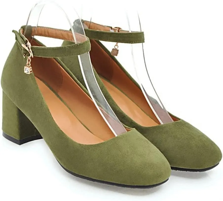 Women's Square Toe Chunky Mid Block Heel Pumps Suede Ankle Strap Comfortable Office Dress Shoes