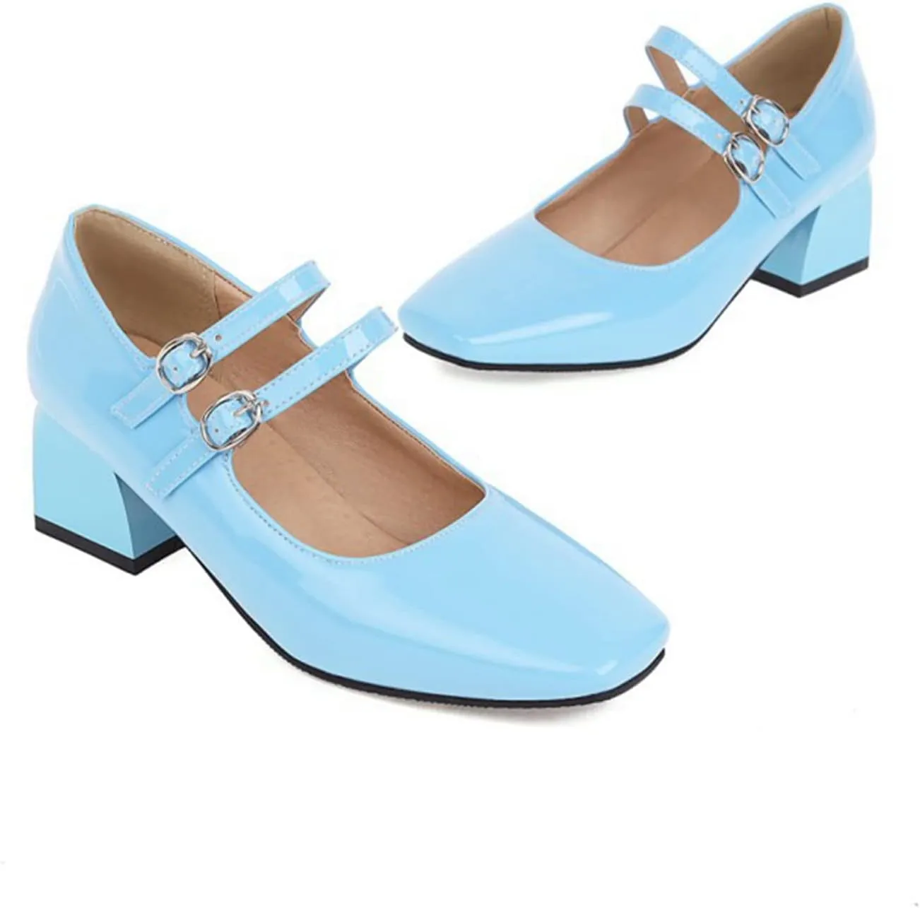 Womens Square Toe Patent Leather Mary Jane Shoes Double Ankle Strap Solid Chunky Mid Block Heel Pumps