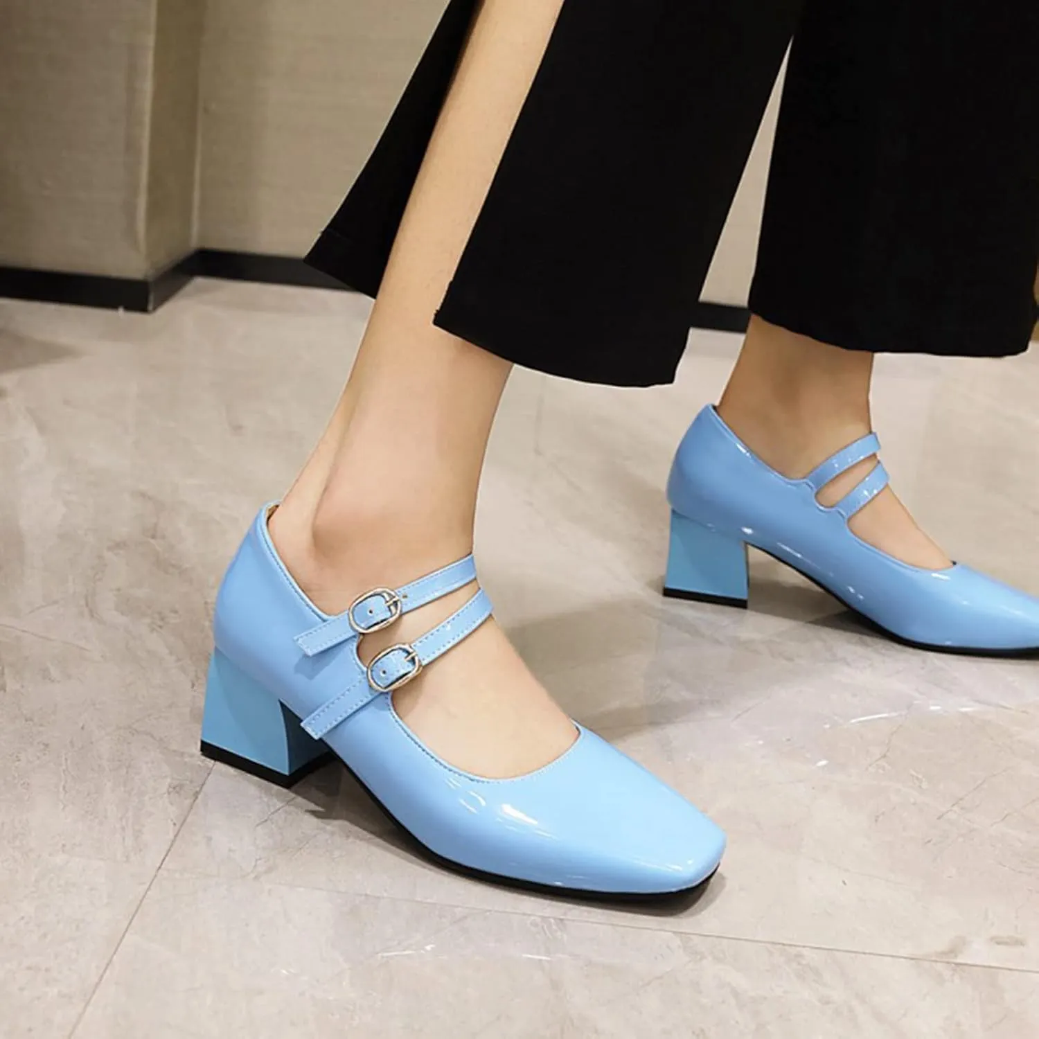 Womens Square Toe Patent Leather Mary Jane Shoes Double Ankle Strap Solid Chunky Mid Block Heel Pumps