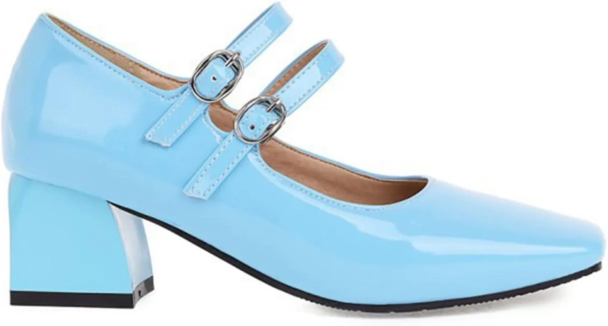 Womens Square Toe Patent Leather Mary Jane Shoes Double Ankle Strap Solid Chunky Mid Block Heel Pumps