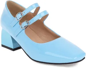 Womens Square Toe Patent Leather Mary Jane Shoes Double Ankle Strap Solid Chunky Mid Block Heel Pumps