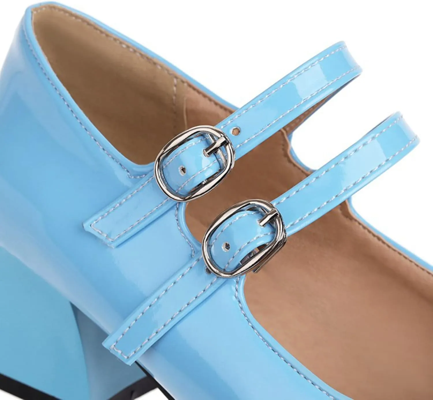 Womens Square Toe Patent Leather Mary Jane Shoes Double Ankle Strap Solid Chunky Mid Block Heel Pumps