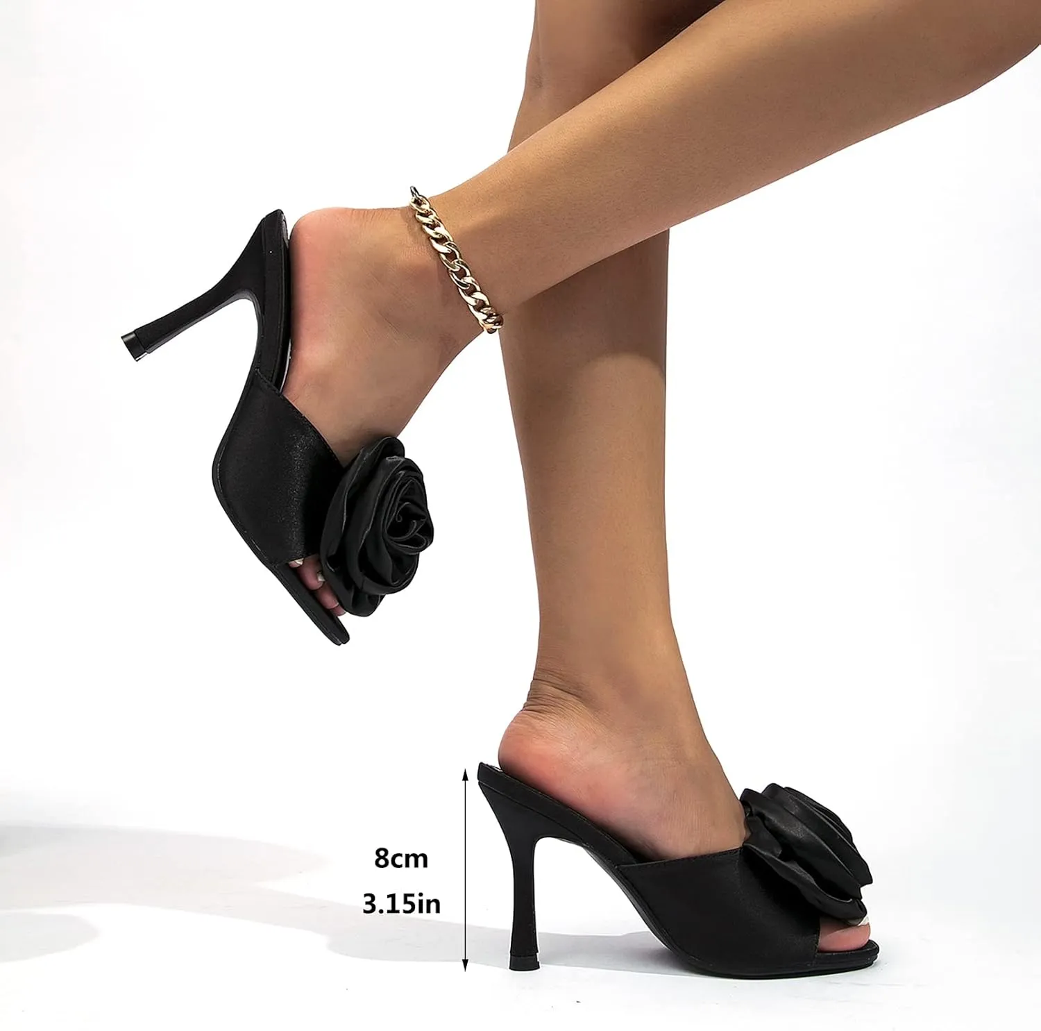 Women's Stilettos High Heels Mules Sandals Open Round Toe Slip On Backless Sexy Flowers Dress Pumps Evening Party Prom Shoes