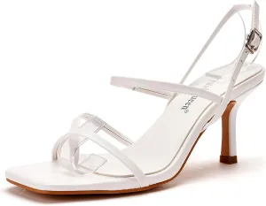 Women's Strappy Toe Ring Stiletto Heels Sandals with Adjustable Ankle Buckle Fashion Open Square Toe Slingback High Heel Pumps for Party Prom Dating Dress Shoes