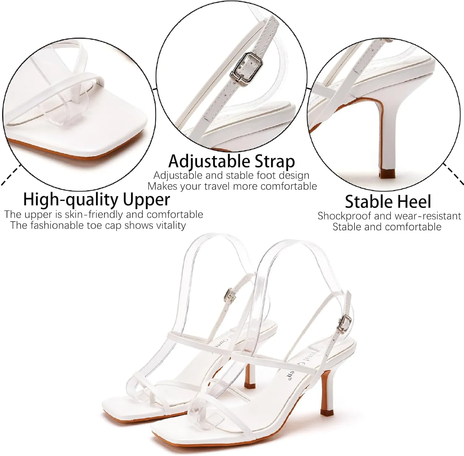 Women's Strappy Toe Ring Stiletto Heels Sandals with Adjustable Ankle Buckle Fashion Open Square Toe Slingback High Heel Pumps for Party Prom Dating Dress Shoes