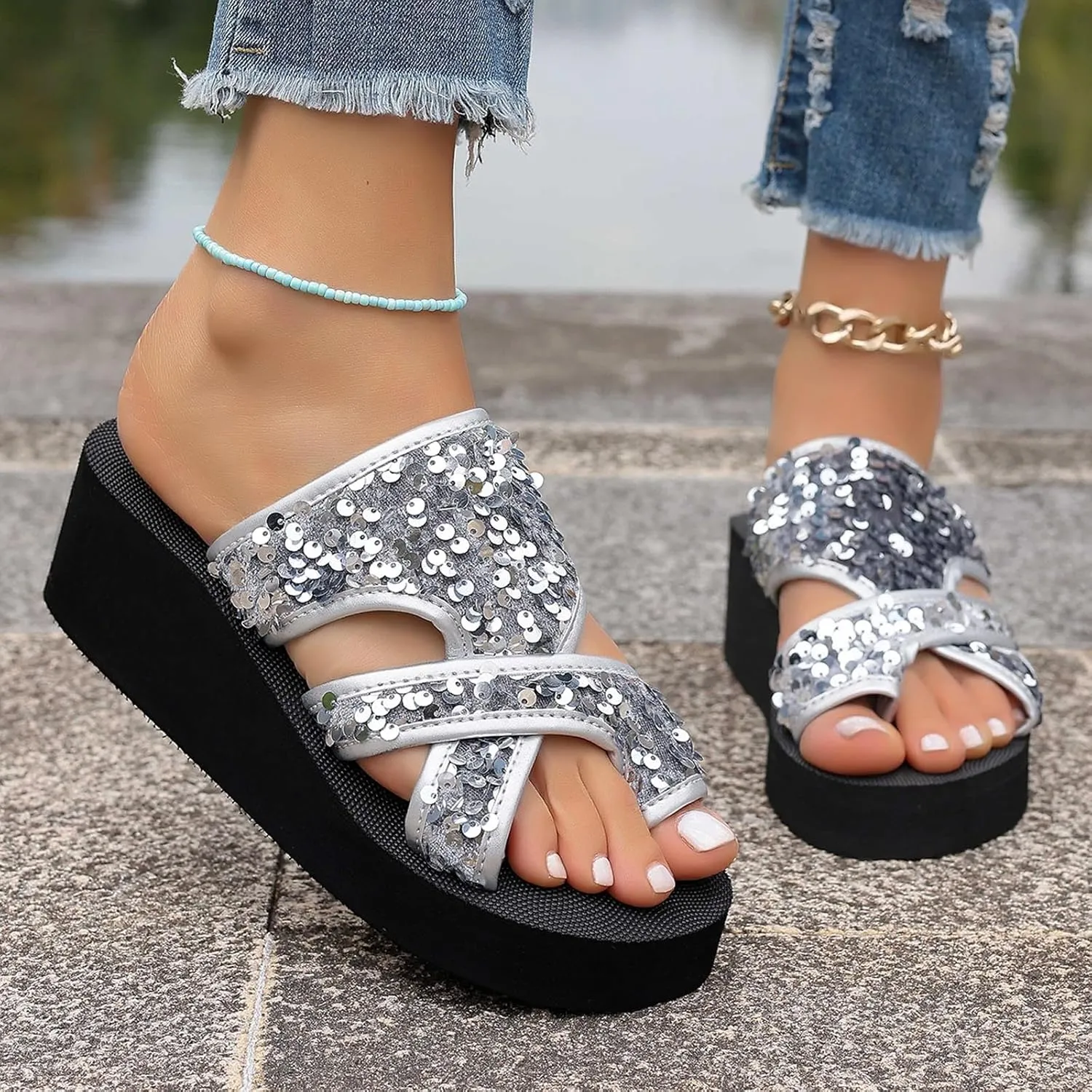 Women's Summer Fashion Cloth Flip Flops Outdoor Casual Comfortable Beach Slippers Short Heels