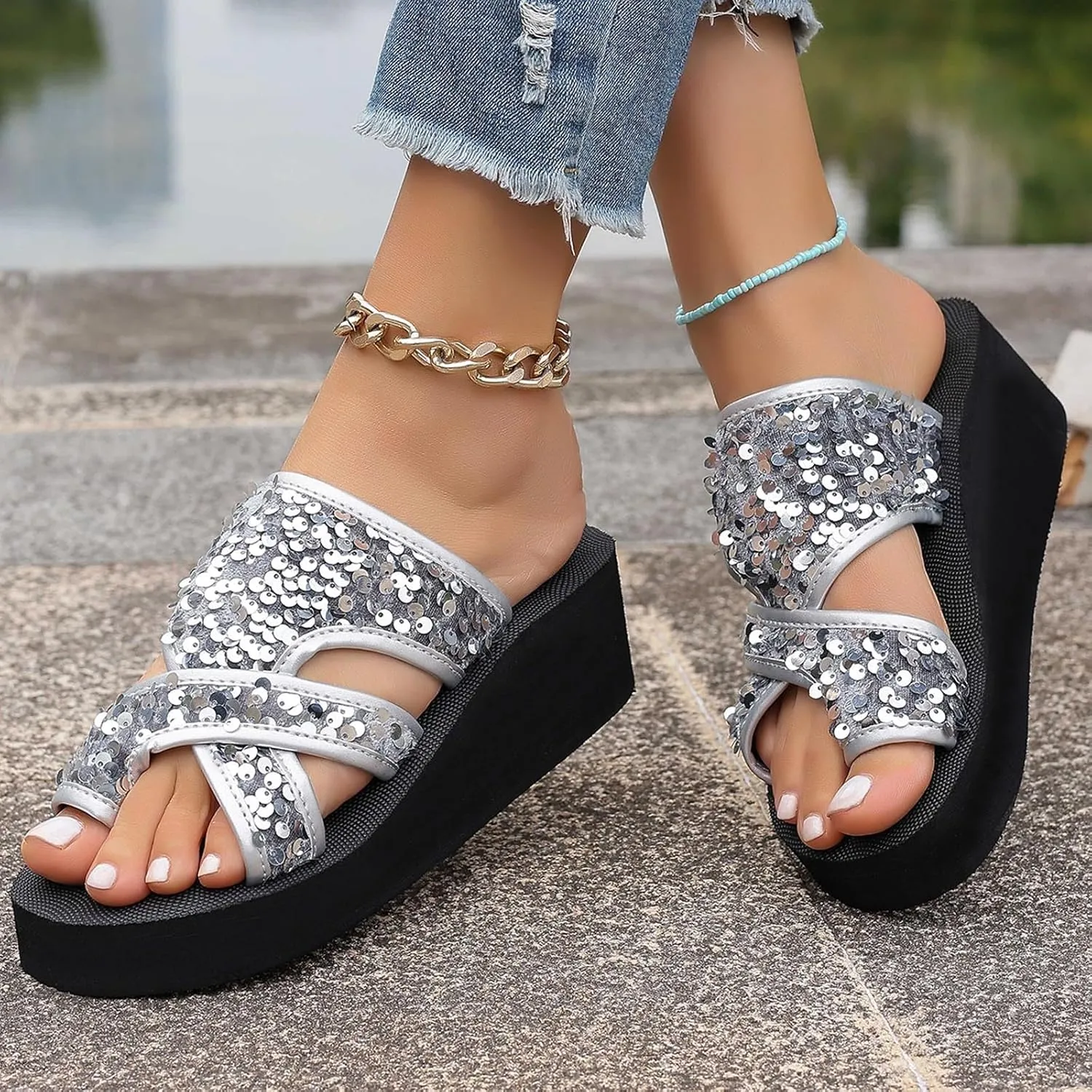 Women's Summer Fashion Cloth Flip Flops Outdoor Casual Comfortable Beach Slippers Short Heels