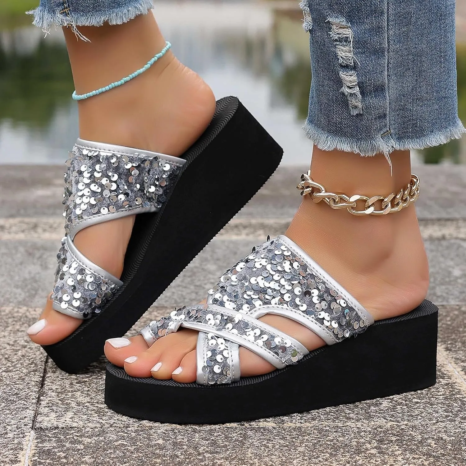 Women's Summer Fashion Cloth Flip Flops Outdoor Casual Comfortable Beach Slippers Short Heels