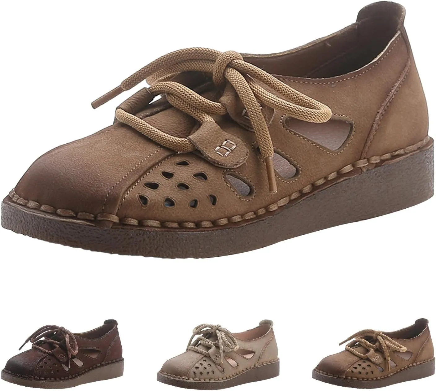 Women's Summer Oxford Shoes,Vintage Hand-Stitching Cutout Breathable Non-Slip Softsole Dress Casual Leather Shoes