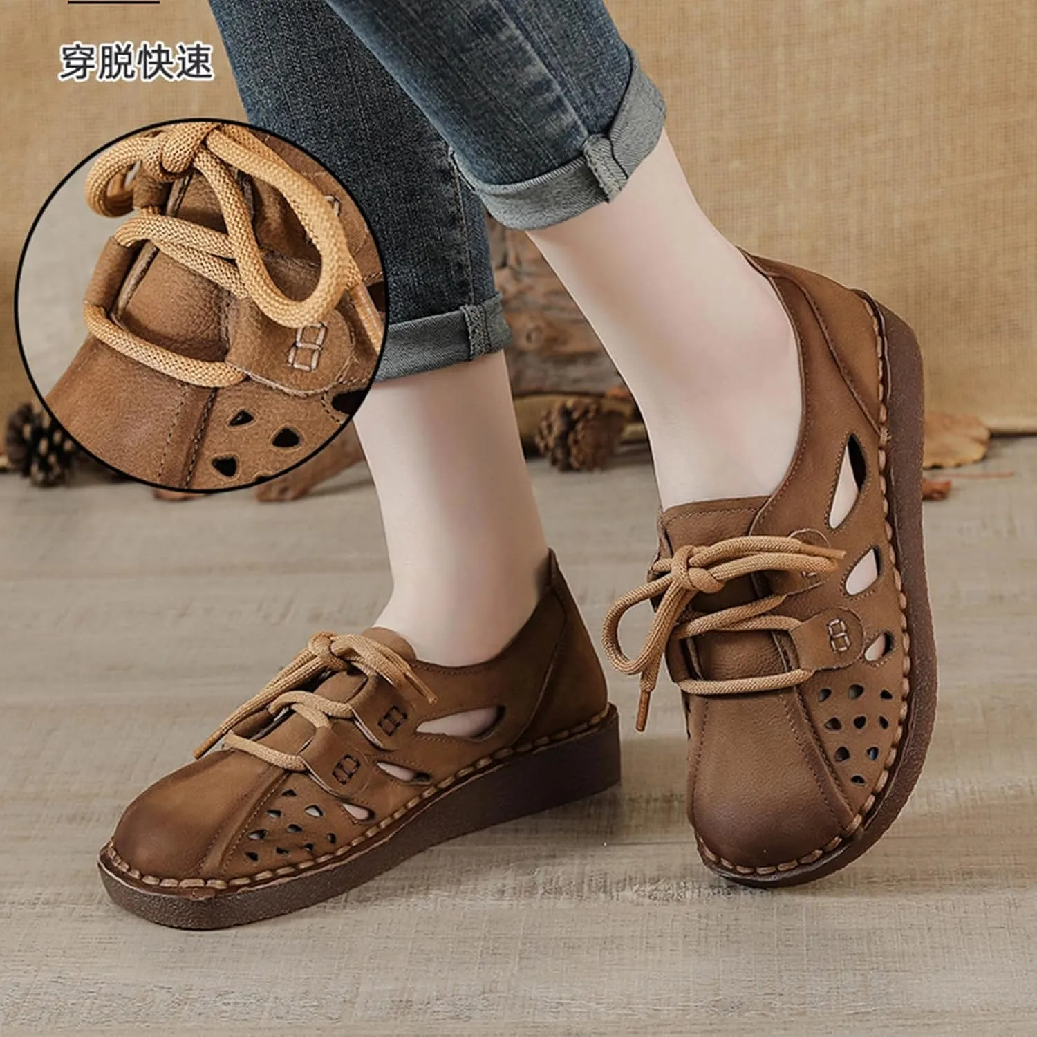 Women's Summer Oxford Shoes,Vintage Hand-Stitching Cutout Breathable Non-Slip Softsole Dress Casual Leather Shoes