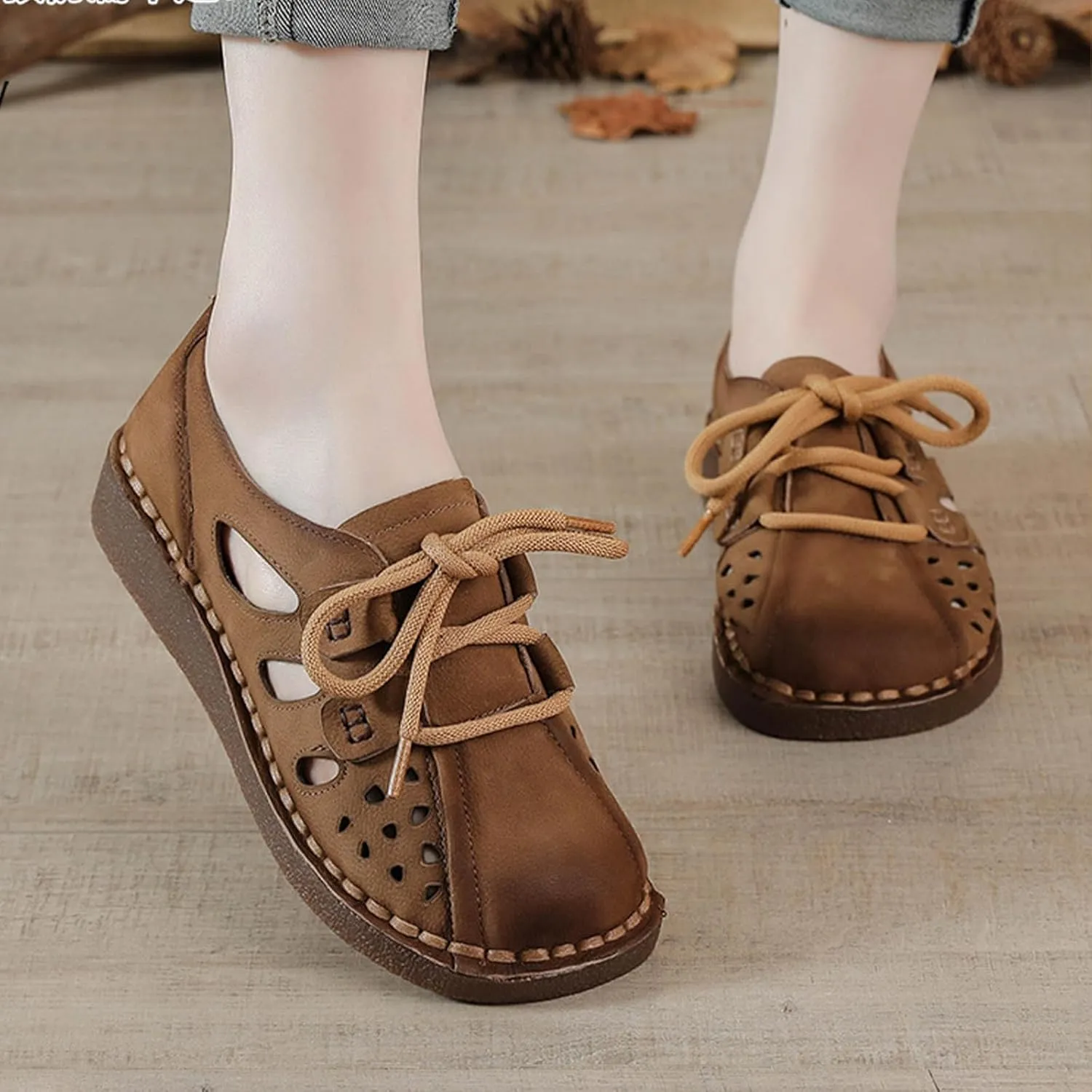 Women's Summer Oxford Shoes,Vintage Hand-Stitching Cutout Breathable Non-Slip Softsole Dress Casual Leather Shoes