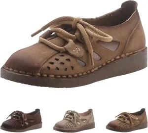 Women's Summer Oxford Shoes,Vintage Hand-Stitching Cutout Breathable Non-Slip Softsole Dress Casual Leather Shoes