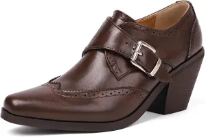 Women's Vintage Stacked Heel Oxfords Wingtip Side Zipper High Heel Brogue Pumps Shoes for Women