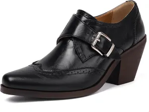 Women's Vintage Stacked Heel Oxfords Wingtip Side Zipper High Heel Brogue Pumps Shoes for Women
