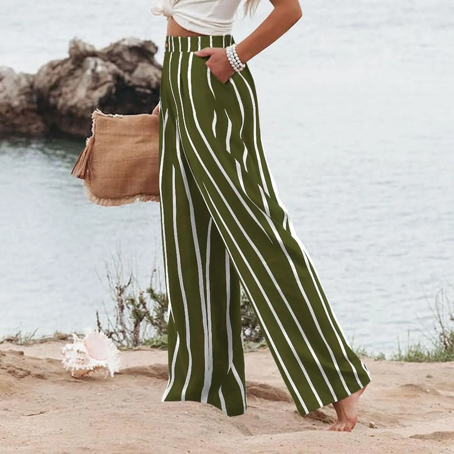 Work Pants for Women Casual High Waisted Wide Leg Pants Summer Comfy Straight Leg Dress Trousers Loose Beach Trouser