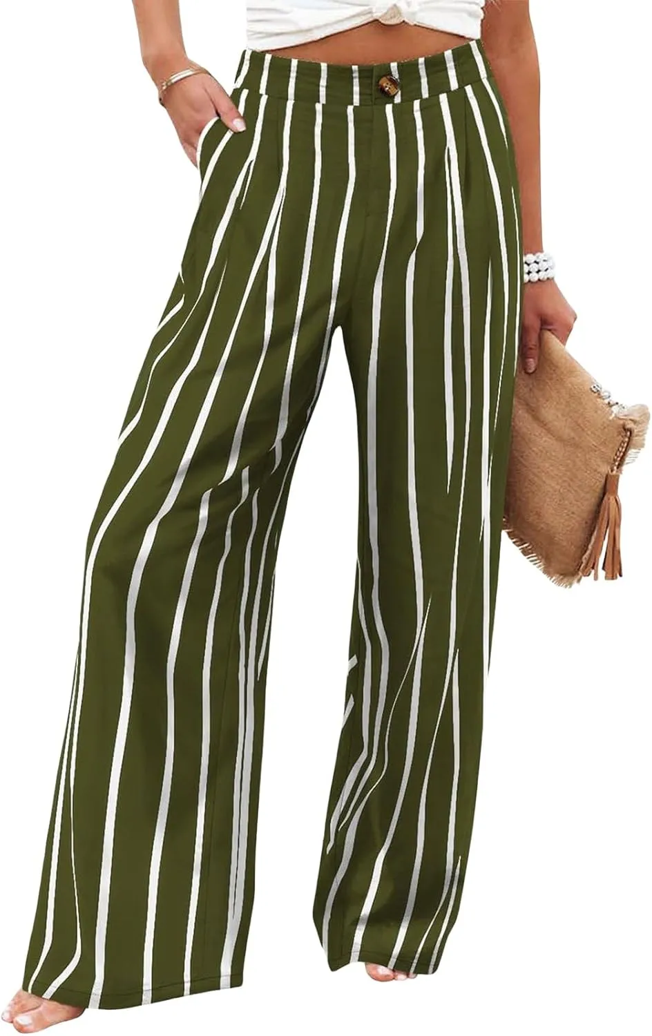 Work Pants for Women Casual High Waisted Wide Leg Pants Summer Comfy Straight Leg Dress Trousers Loose Beach Trouser