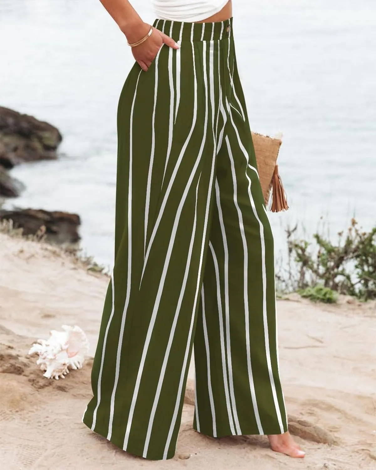 Work Pants for Women Casual High Waisted Wide Leg Pants Summer Comfy Straight Leg Dress Trousers Loose Beach Trouser