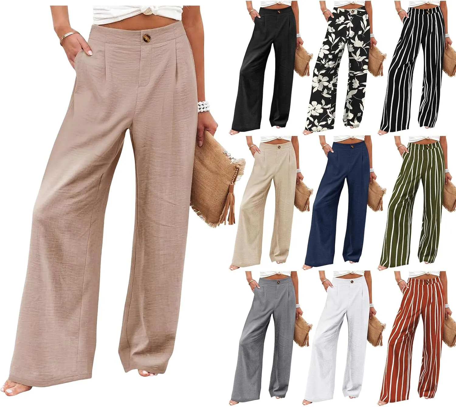 Work Pants for Women Casual High Waisted Wide Leg Pants Summer Comfy Straight Leg Dress Trousers Loose Beach Trouser