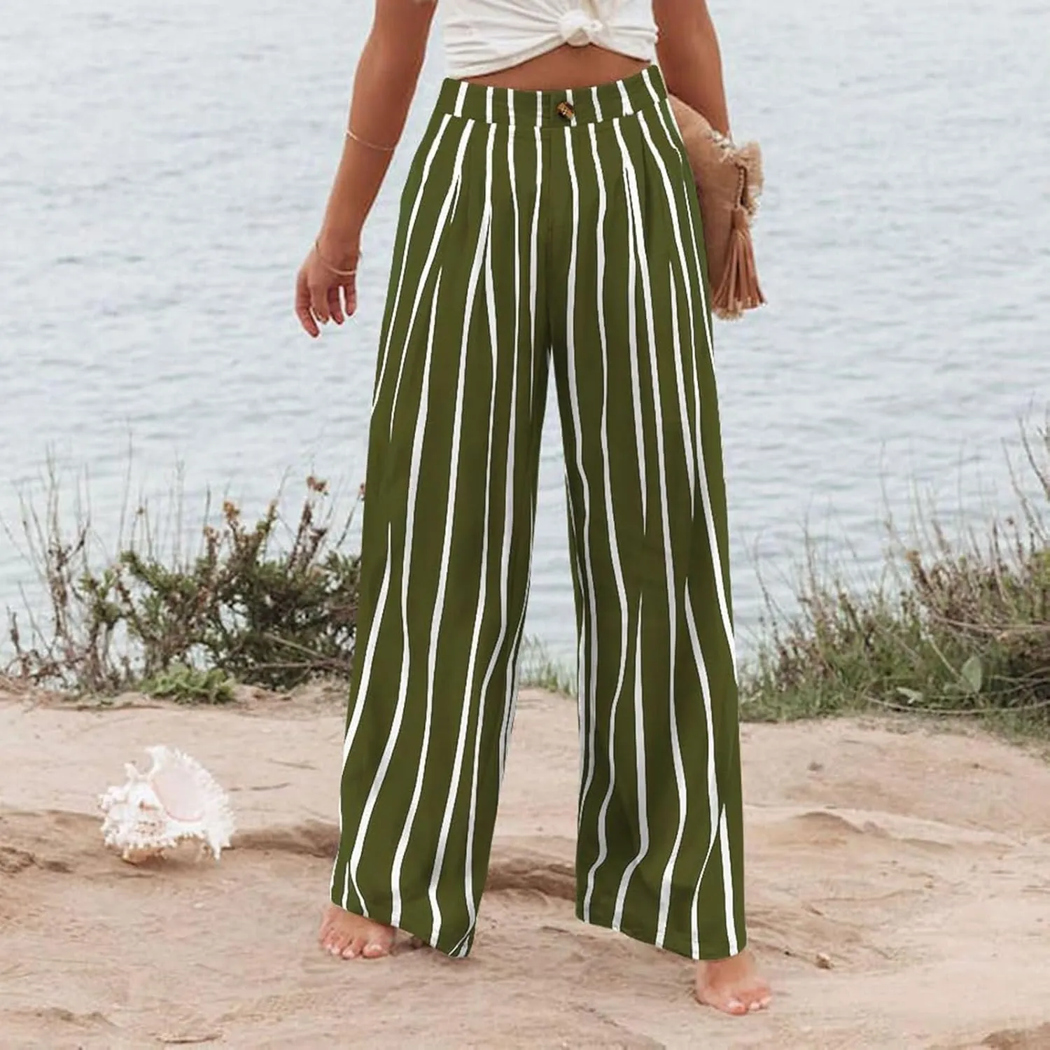 Work Pants for Women Casual High Waisted Wide Leg Pants Summer Comfy Straight Leg Dress Trousers Loose Beach Trouser