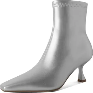Zamikoo Ankle Boots for Women Low Heel Square Pointed Toe Stretch Kitten Heels Short Booties Side Zipper 2.5 Inches