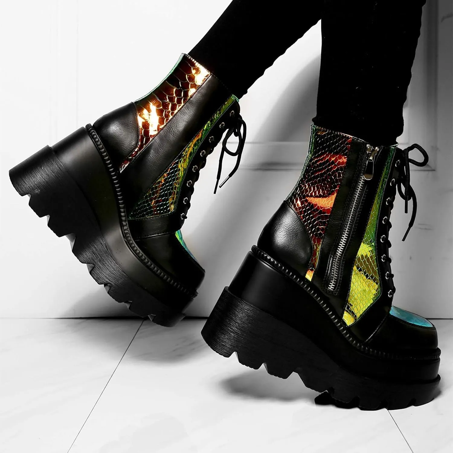 ZHOUYF Women Chunky Platform Boots Fashion Round Toe Wedge Ankle Boots Lace-up Zip High Heel Combat Booties Thick Bottom Waterproof Motorcycle Goth Boots for Women